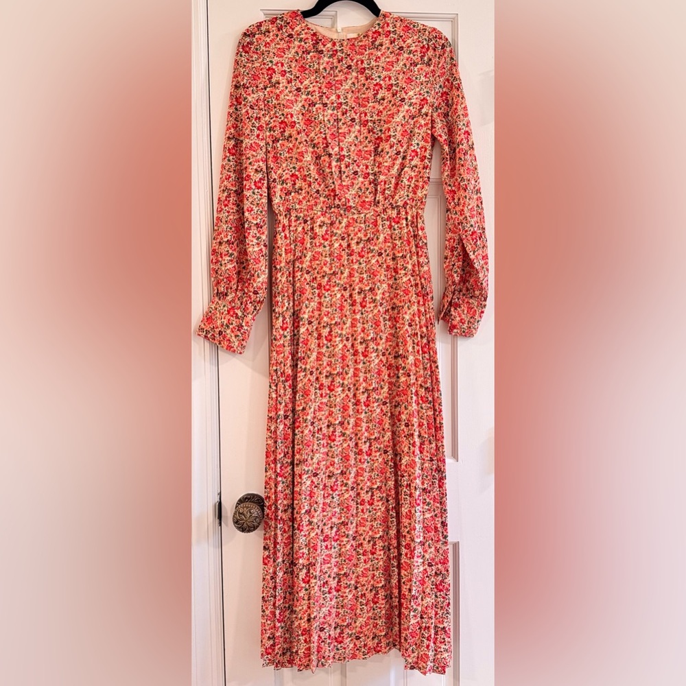 Floral Smocked Waist Long Sleeve Dress - Red Floral